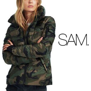 SAM. Medium Camo Jacket Puffer Down Bomber Freestyle Zip Quilted Green Brown Tan